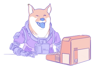 Illustration of a doge using a computer.
