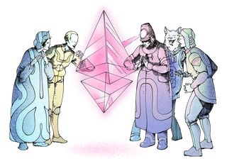 Illustration of a group of people marvelling at an ether (ETH) glyph in awe.